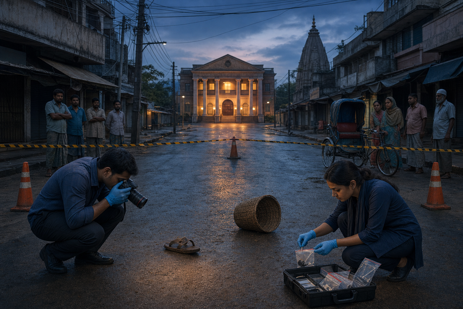 Investigators document an empty cordoned market street in a Bangladeshi town, with a courthouse and a Hindu temple spire visible in the distance.