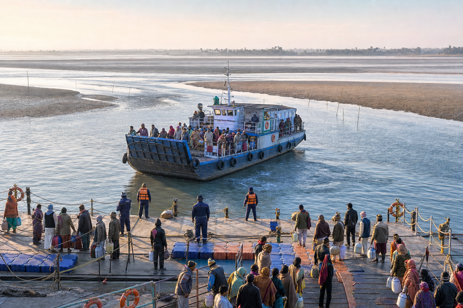 A passenger ferry carries pilgrims across a tidal channel toward Sagar Island while safety workers manage an orderly landing area.