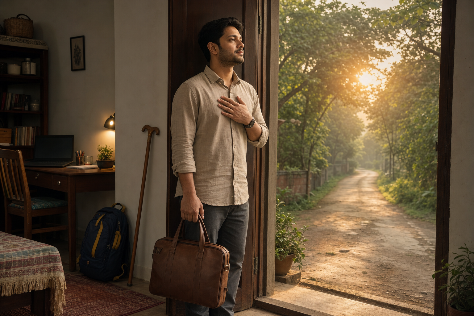 A thoughtful South Asian adult stands in a home's open doorway at dawn, holding a work bag between a lived-in family interior and a sunlit path outside.