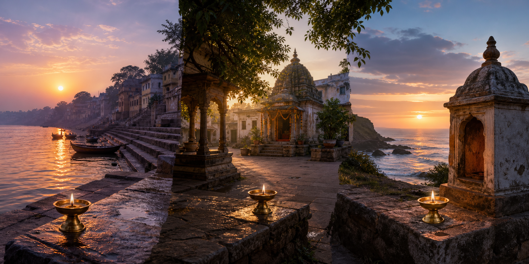 A panoramic view of a riverside ghat, an inland temple courtyard and a coastal shrine receiving dawn light at different angles.