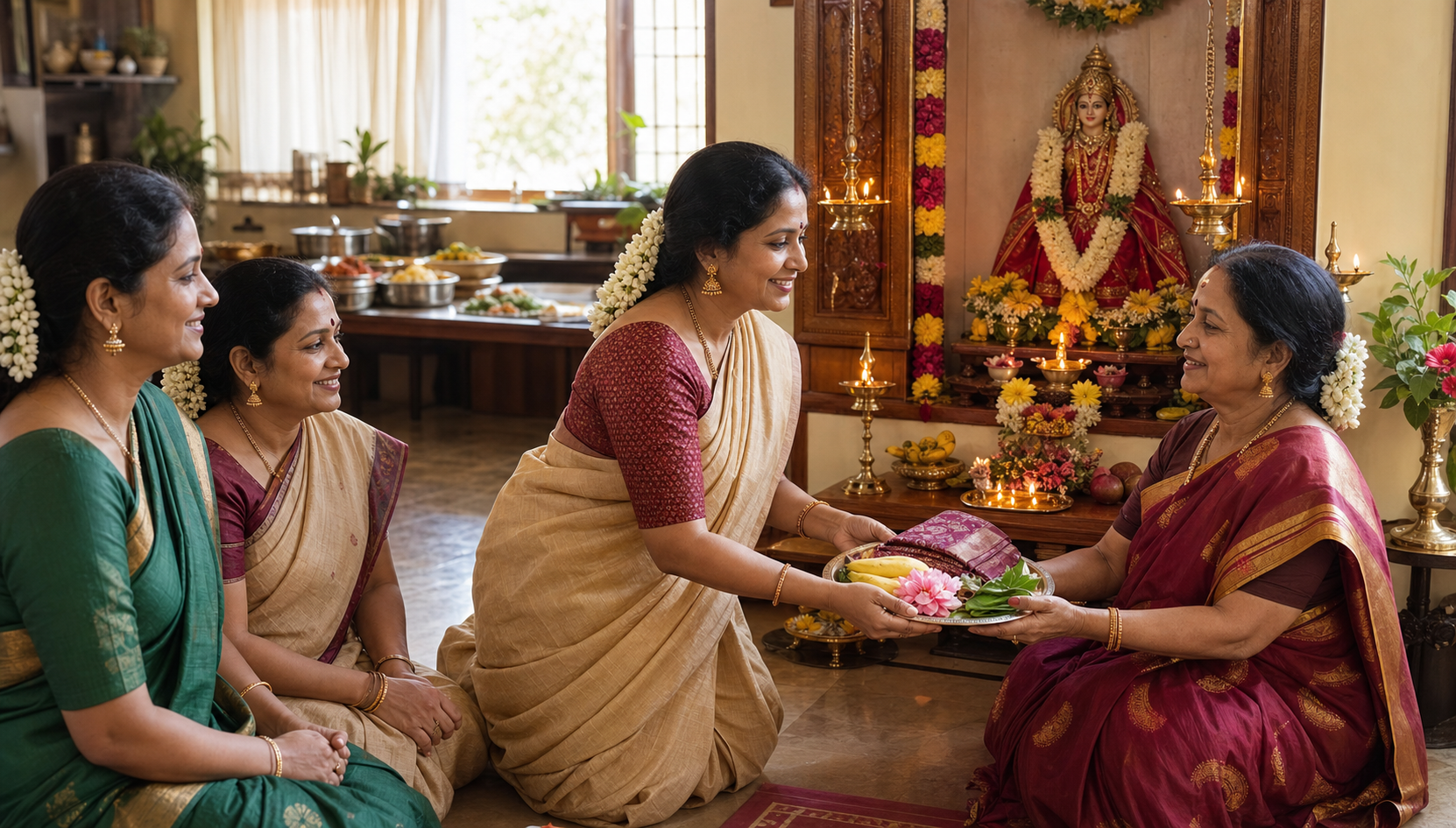 A host offers fruit, flowers and folded cloth to an older woman during a small home Udyapana gathering.