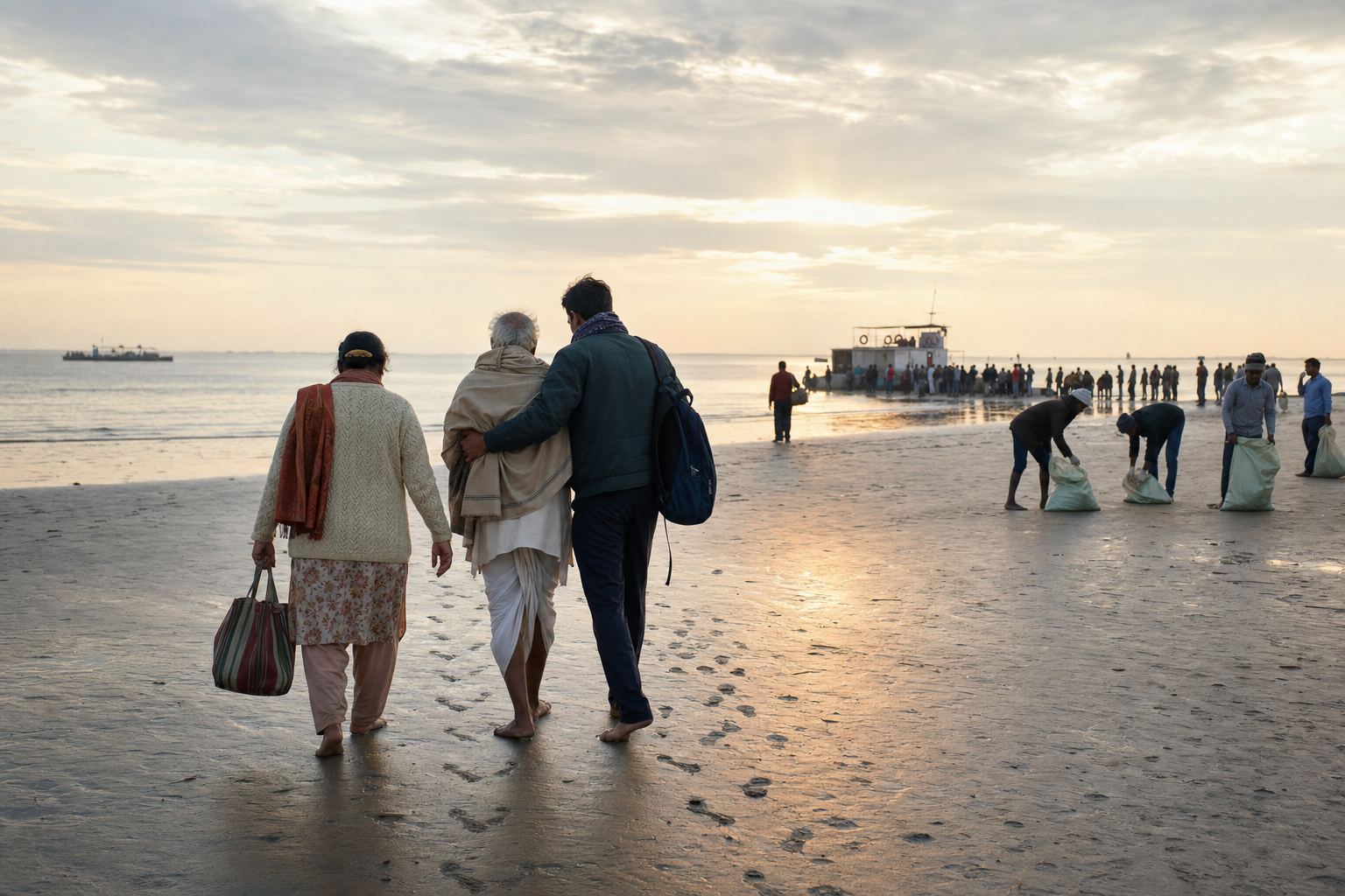 A family leaves the Gangasagar shoreline with reusable bags as volunteers clean the sand and pilgrims wait for a distant ferry.
