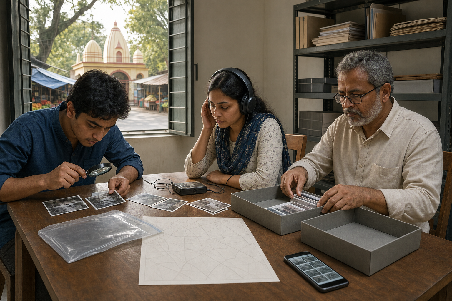 Researchers in a Bangladeshi legal aid office compare photographs, a phone recording, a map, and sealed evidence while verifying a case.
