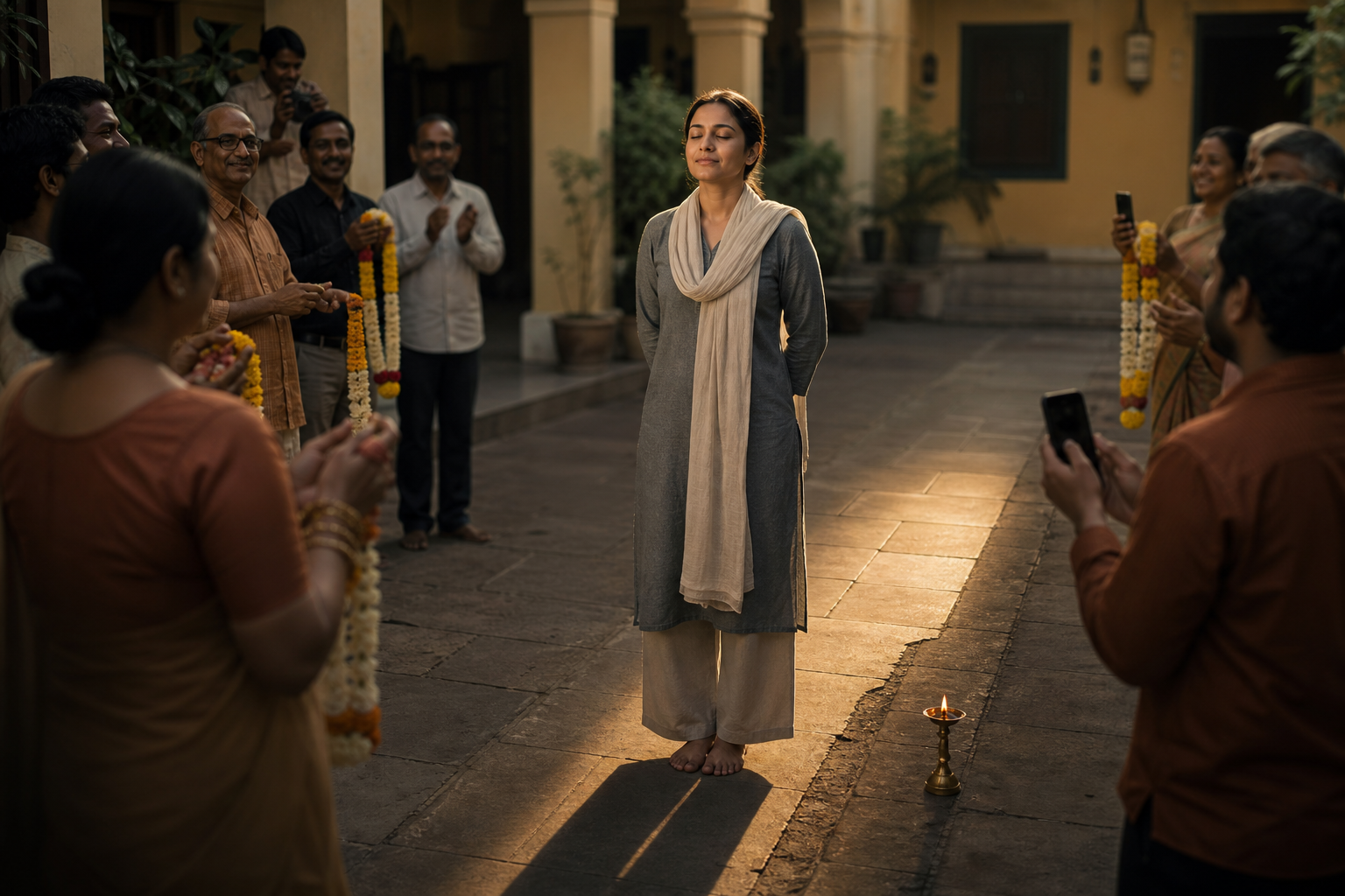 A calm person stands apart from an approving courtyard crowd while their shadow points toward a small glowing oil lamp and a quiet path.