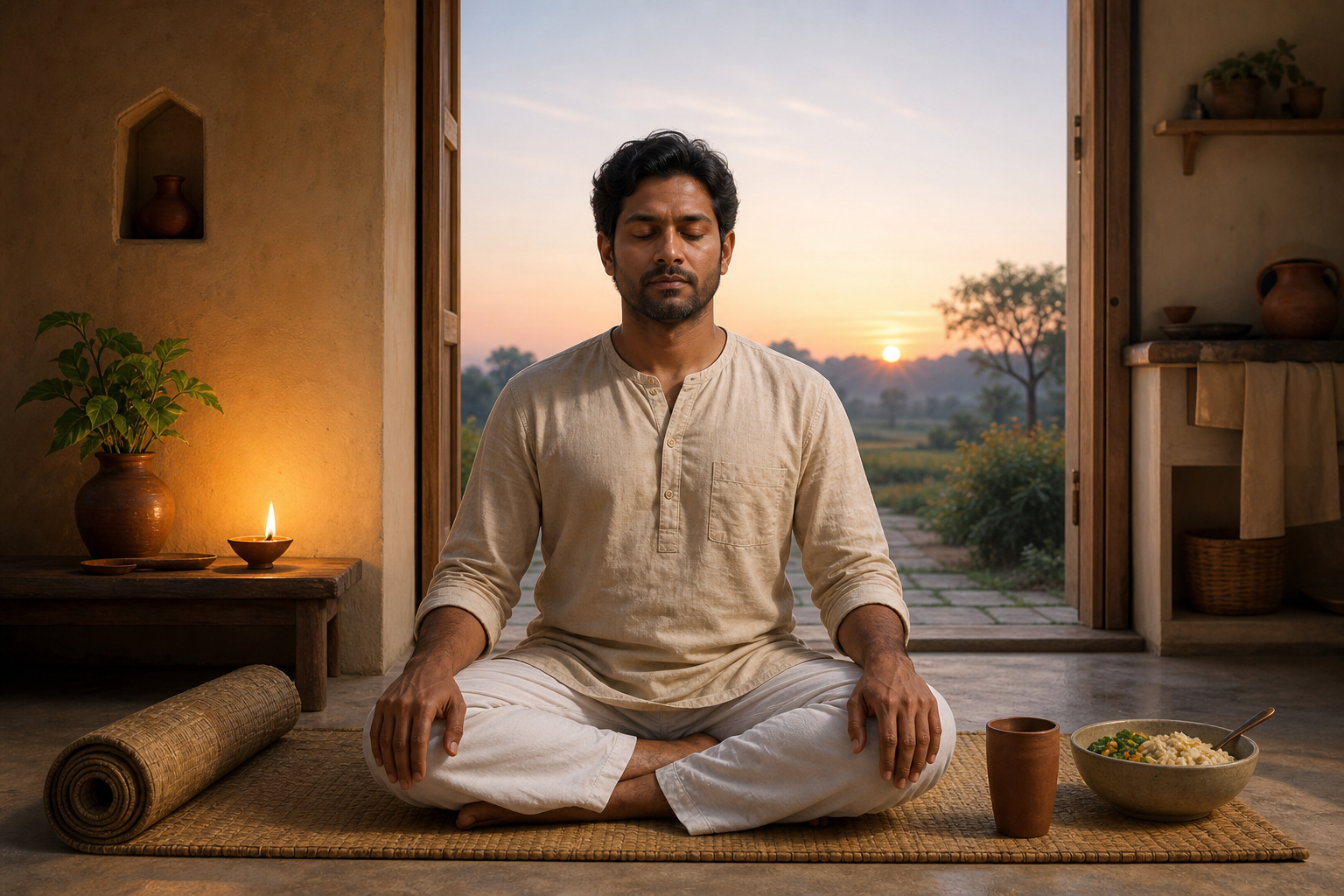 A practitioner sits upright at dawn beside a rolled yoga mat, an oil lamp, a clay cup, and a simple meal in a quiet home.