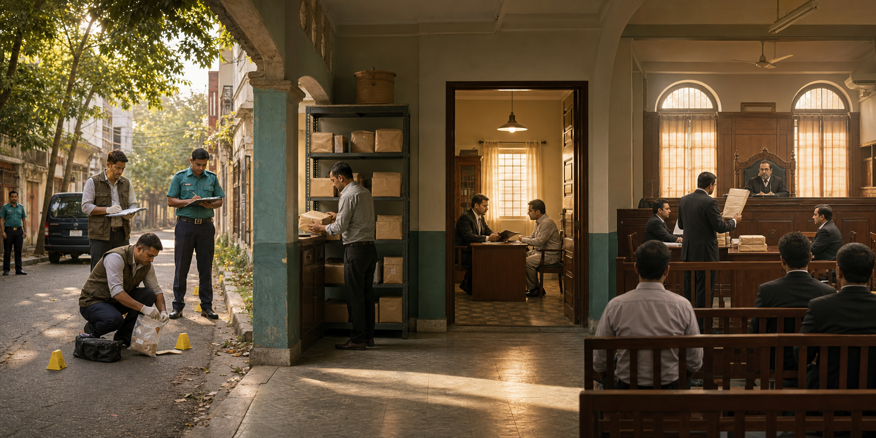 A connected scene shows investigators collecting evidence, a clerk preserving it, a prosecutor meeting a witness, and lawyers presenting the case in court.