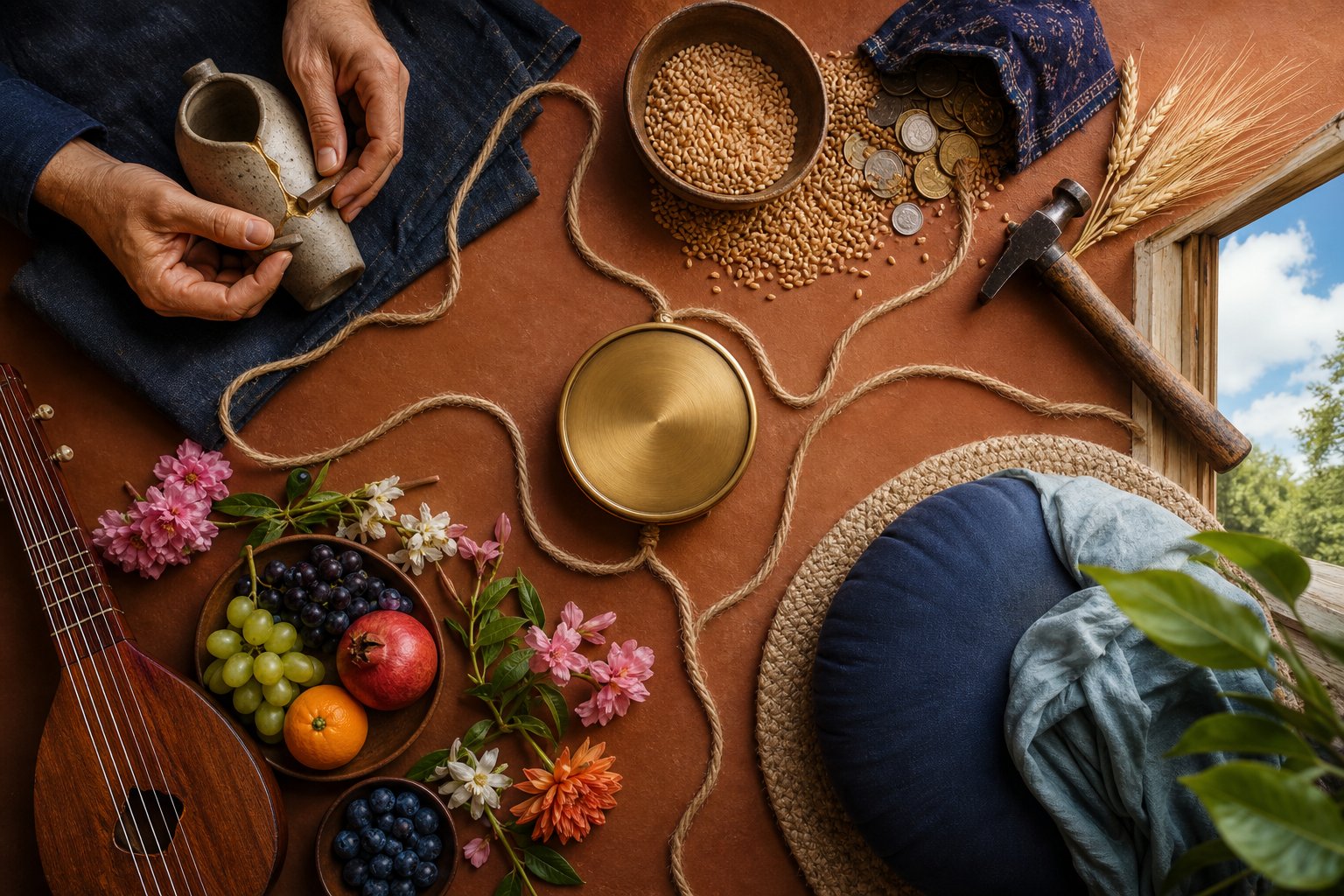 Four still-life arrangements surround a brass compass: repaired household objects, practical resources, flowers and music, and a meditation space by an open window.