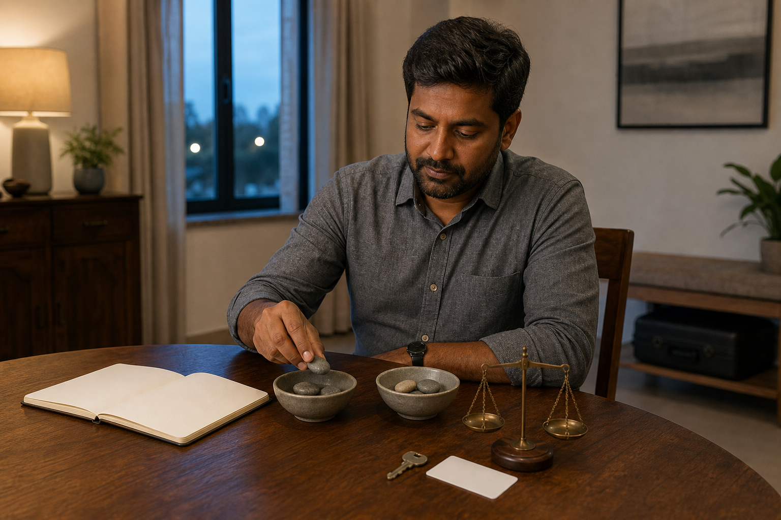A professional reviews blank notebook pages and sorts stones beside a small balance scale, while a closed suitcase remains stored under a nearby bench.