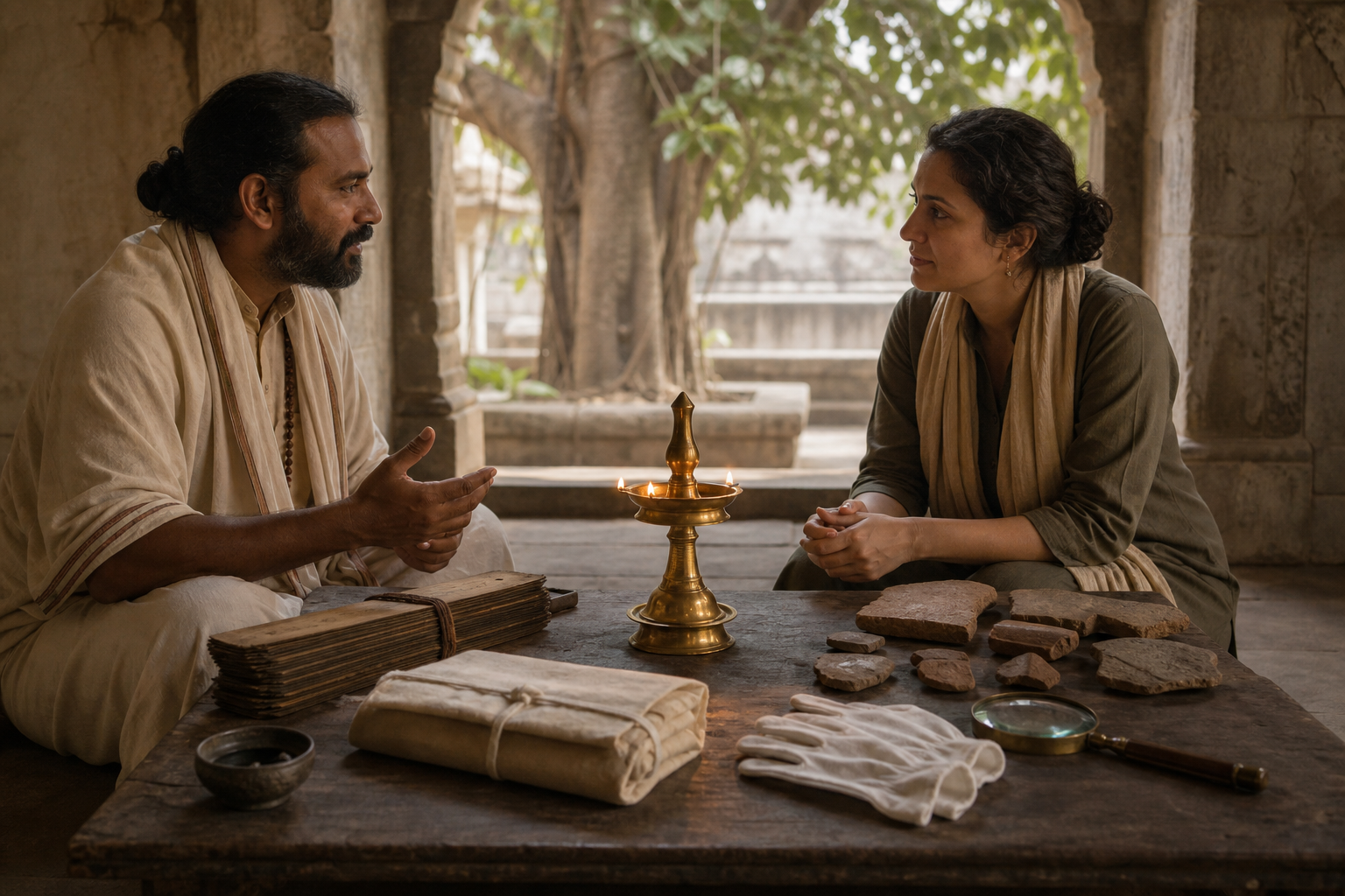 A practitioner and a researcher sit across a low table holding a closed palm-leaf bundle, pottery fragments, a lamp, gloves, and a magnifying lens.
