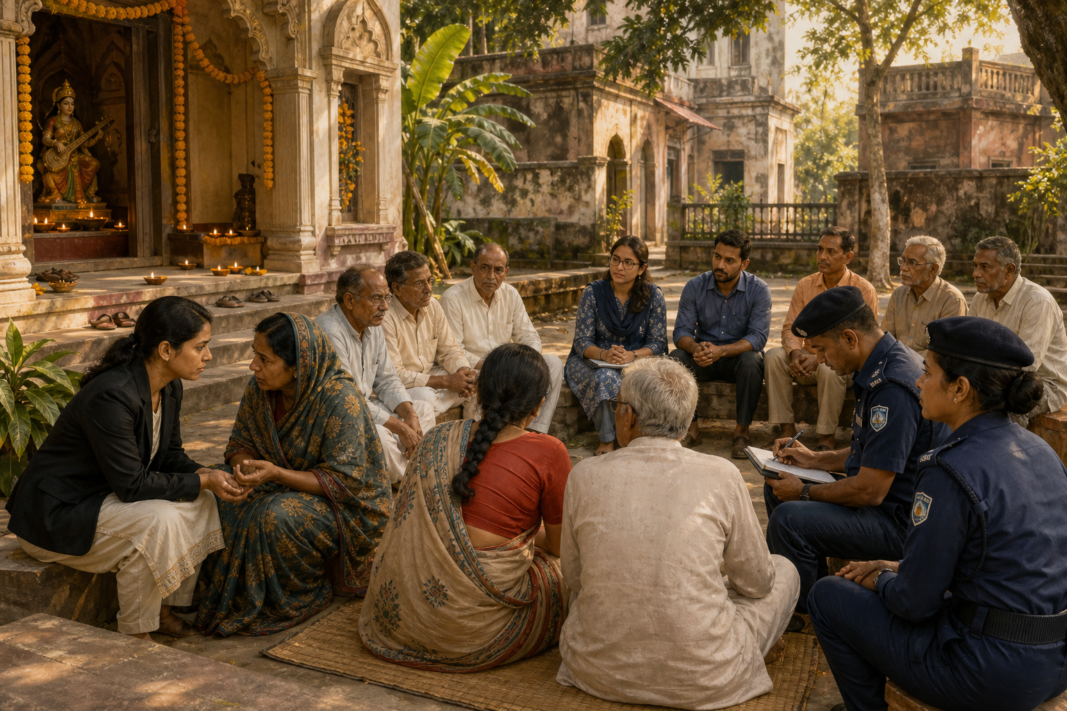 Hindu families meet with a lawyer, a civil-rights volunteer, neighborhood elders, and police officers in a Bangladeshi temple courtyard.