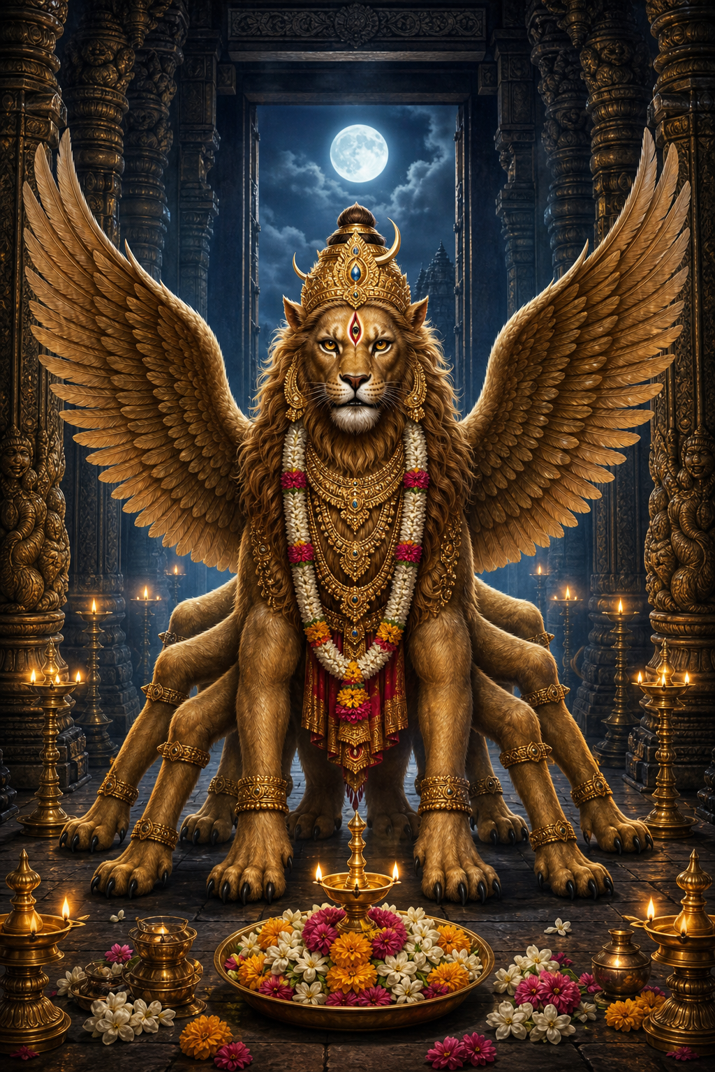Devotional illustration of the winged, eight-legged Lord Sharabha in a lamp-lit South Indian temple sanctum beneath a full moon.