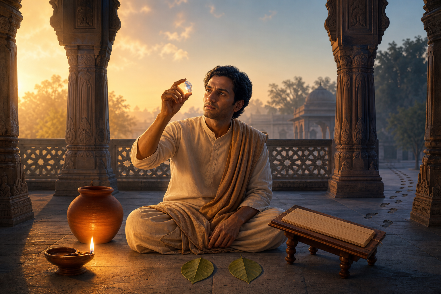 A seated scholar examines a luminous crystal in a library courtyard surrounded by an oil lamp, footprints, paired leaves, and a palm-leaf manuscript.