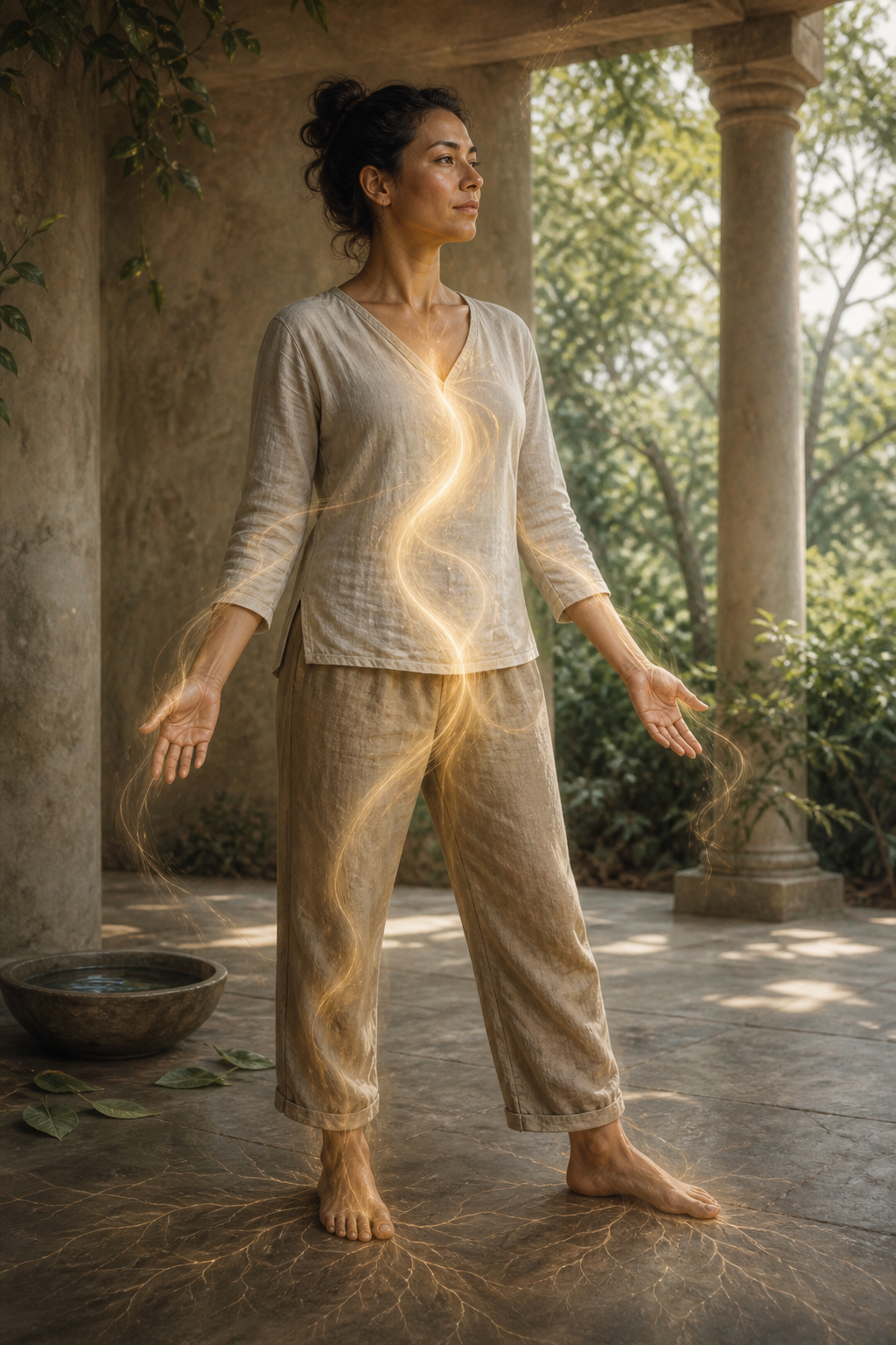 A barefoot practitioner stands calmly in a stone pavilion as subtle light and rootlike patterns emphasize breath, grounding, and bodily awareness.