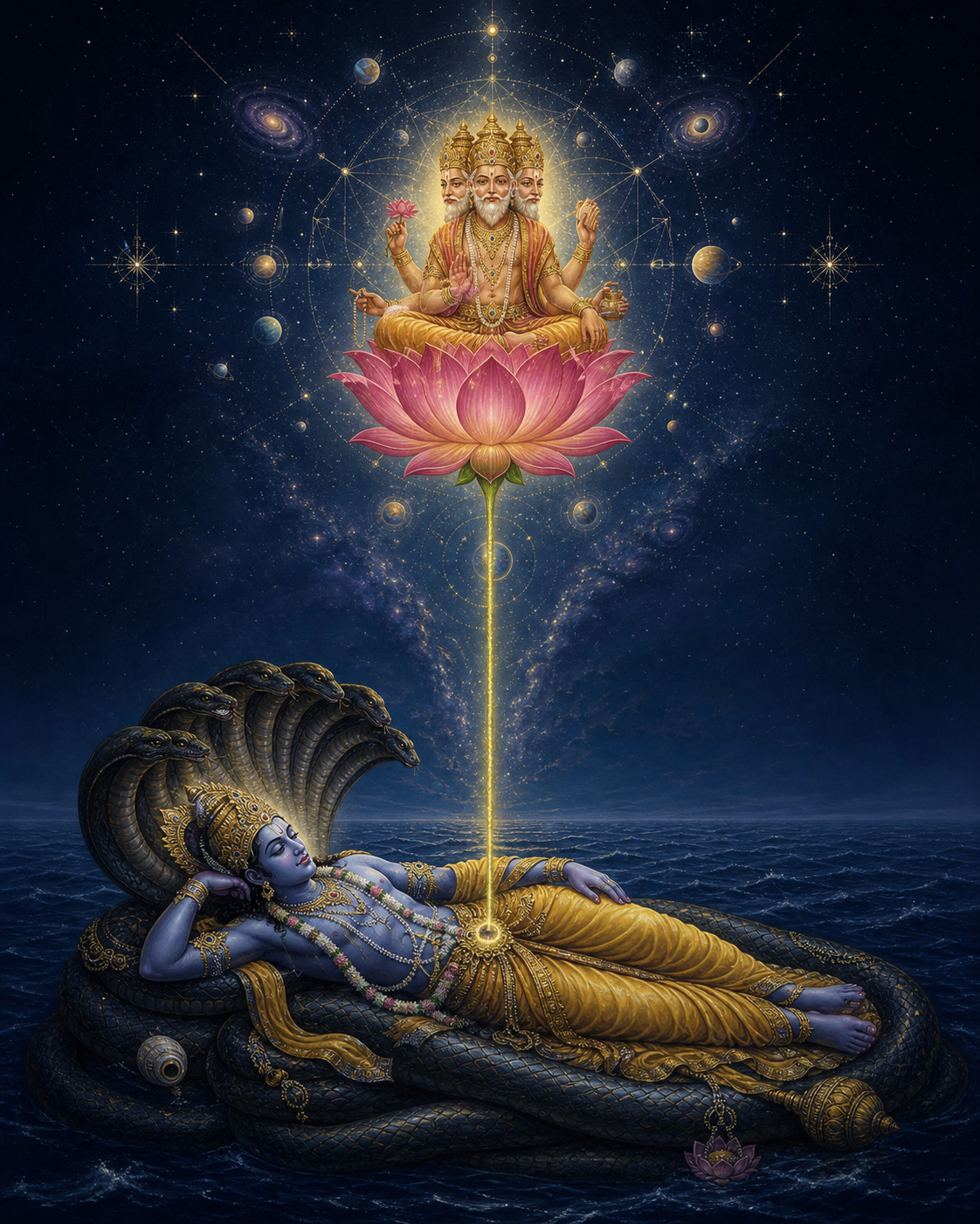 A vertical symbolic scene shows still Vishnu below, a luminous lotus emerging upward, and Brahma seated amid forming stars and ordered cosmic shapes.