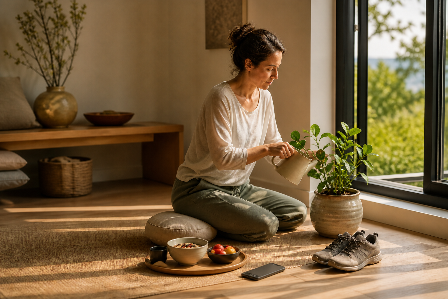 A person waters a growing plant after morning meditation, with breakfast, walking shoes, and a face-down phone arranged nearby in sunrise light.