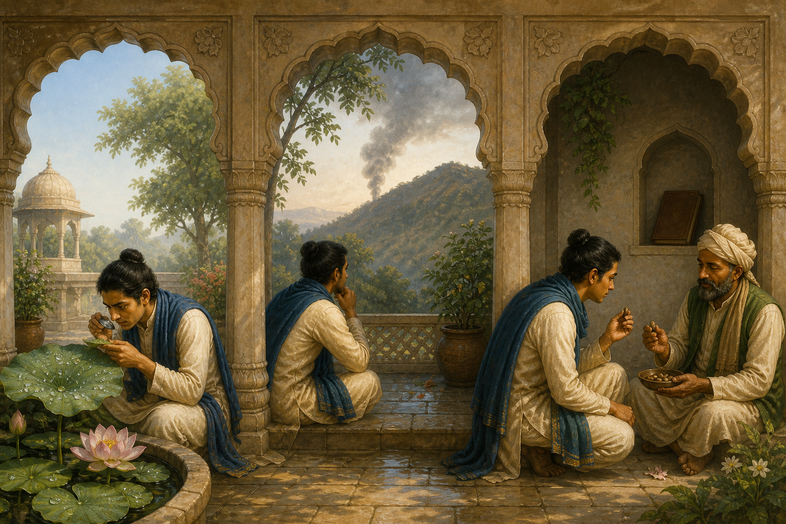 A person observes dew, notices smoke beyond a hill, and compares two seeds across three adjoining courtyard spaces.