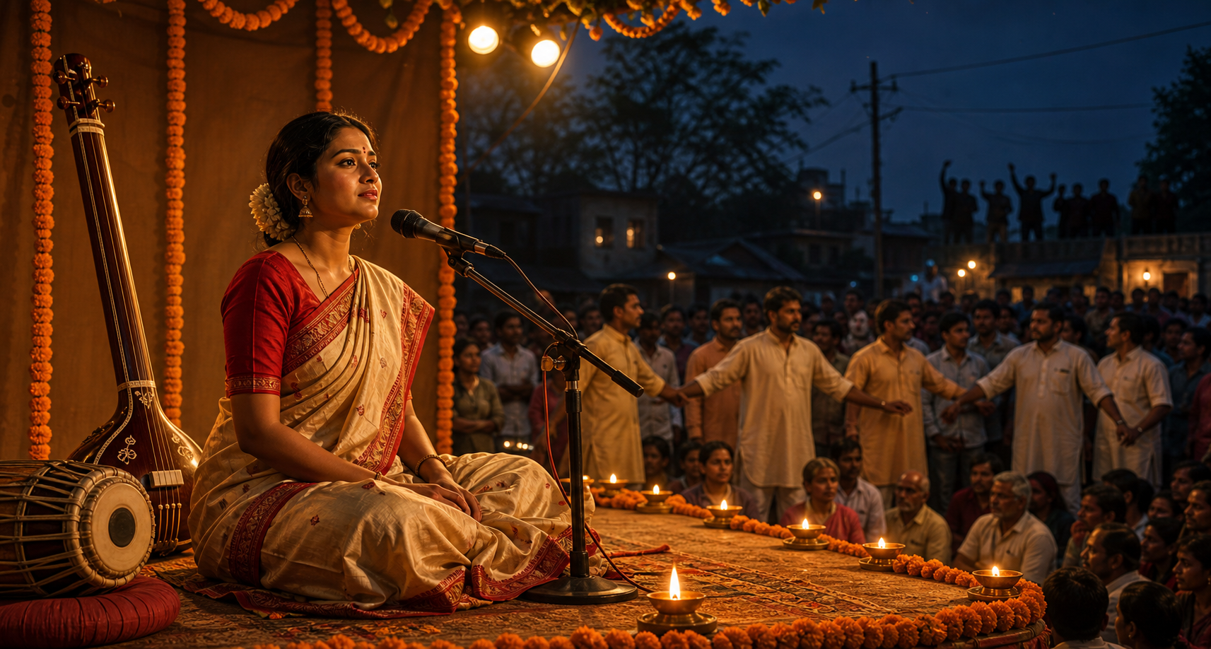An illustrated woman singer performs on a decorated outdoor stage while event stewards maintain space between her and the audience.