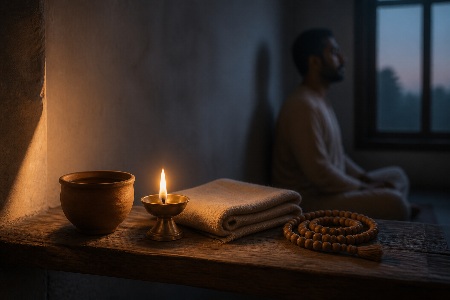 A clay cup, a folded shawl, wooden beads, and a steadily burning lamp sit on a shelf while a practitioner meditates before dawn in the background.
