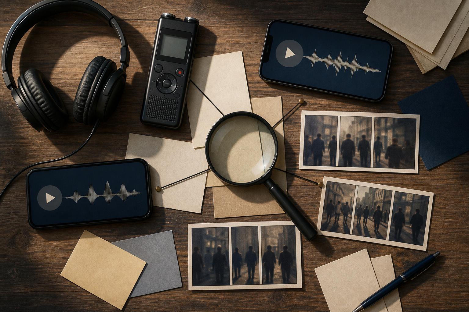 A recorder, phones, headphones, blank notes, photographs, and a magnifying glass are arranged on a desk for evidence review.