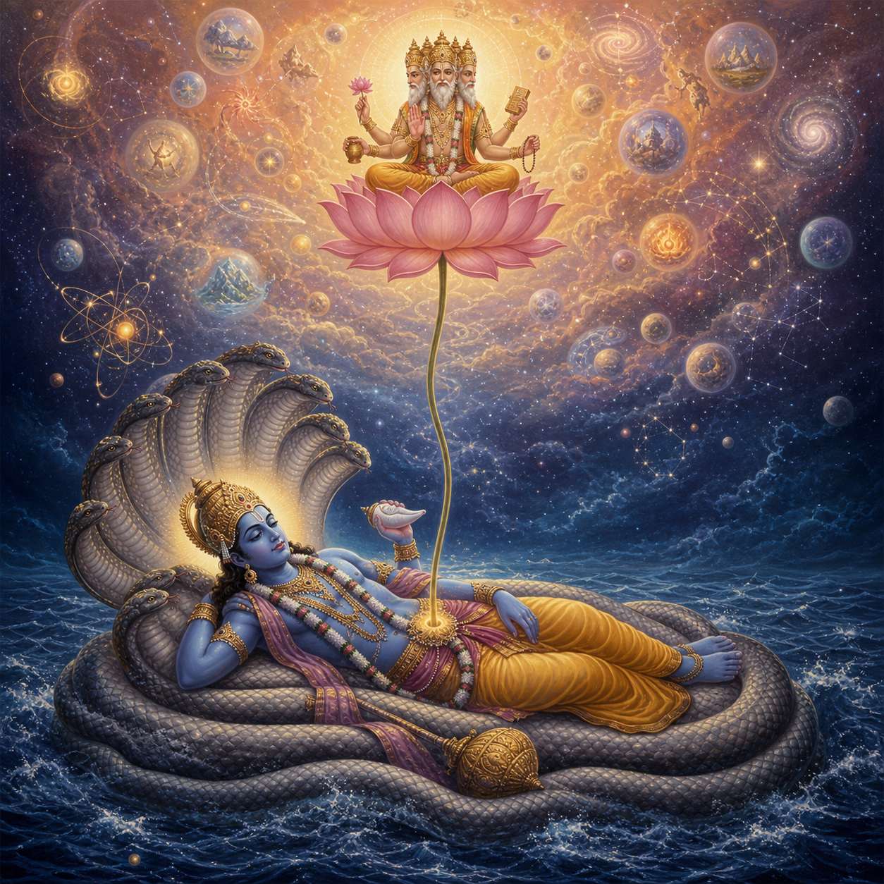 Vishnu rests below in a cosmic ocean while a lotus connects Him to Brahma, who sits above amid an emerging ordered cosmos.