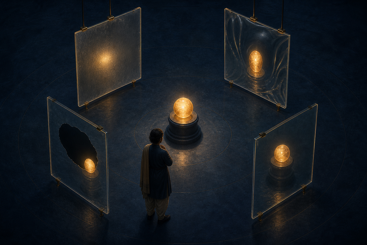 A scholar compares a luminous object through four glass panels that fog, bend, conceal, and duplicate its appearance.