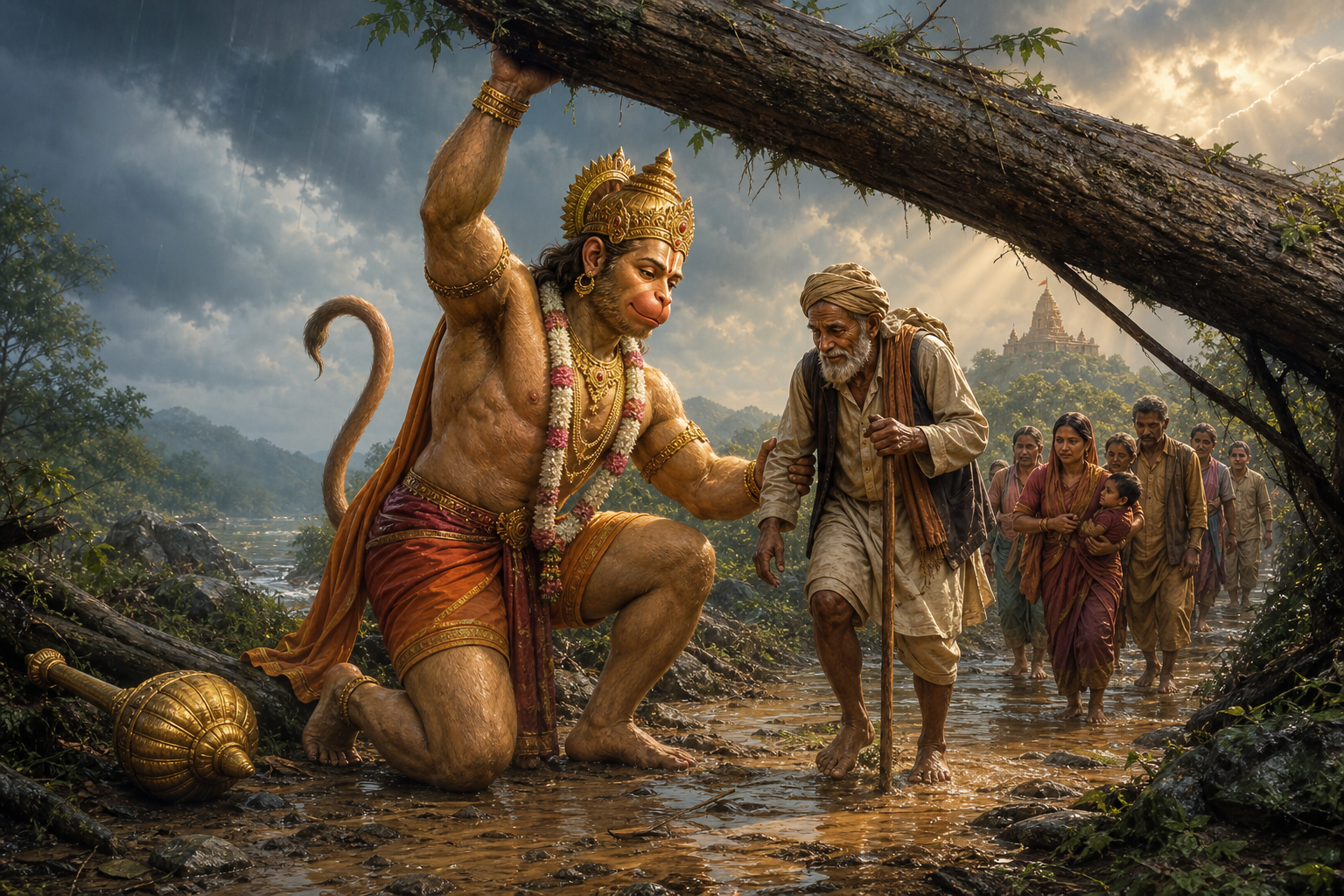Hanuman lifts a fallen tree from a flooded village path and supports an elderly traveler while other villagers cross safely.