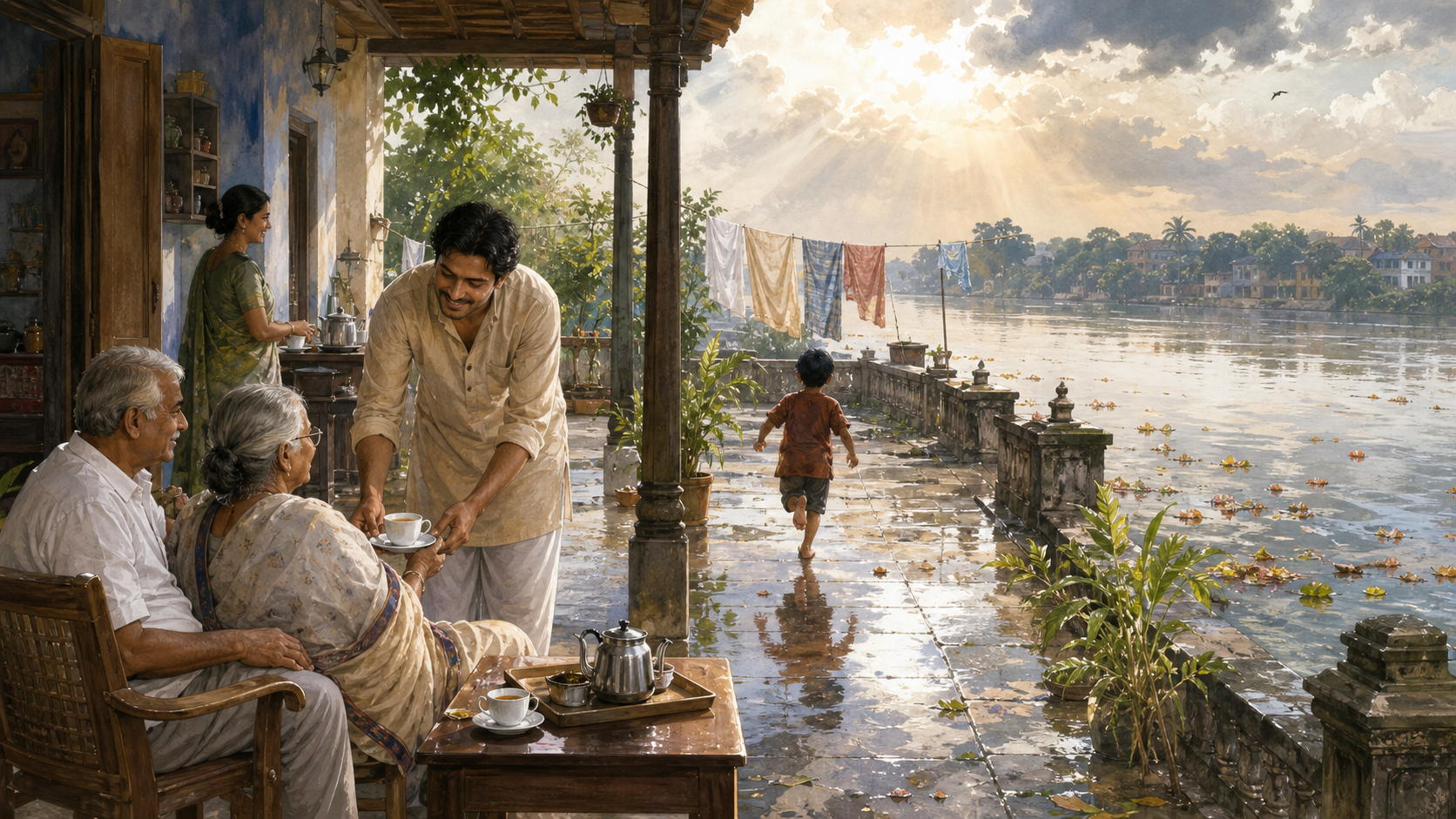 A multigenerational South Asian family shares a veranda while a river carries leaves and flower petals past the house.