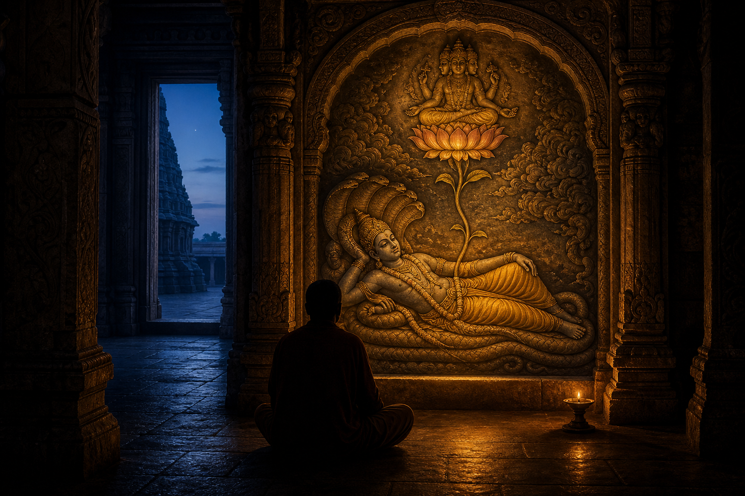A seated devotee studies a temple relief of Vishnu on Ananta Shesha with Brahma above on a lotus, illuminated by a small oil lamp.