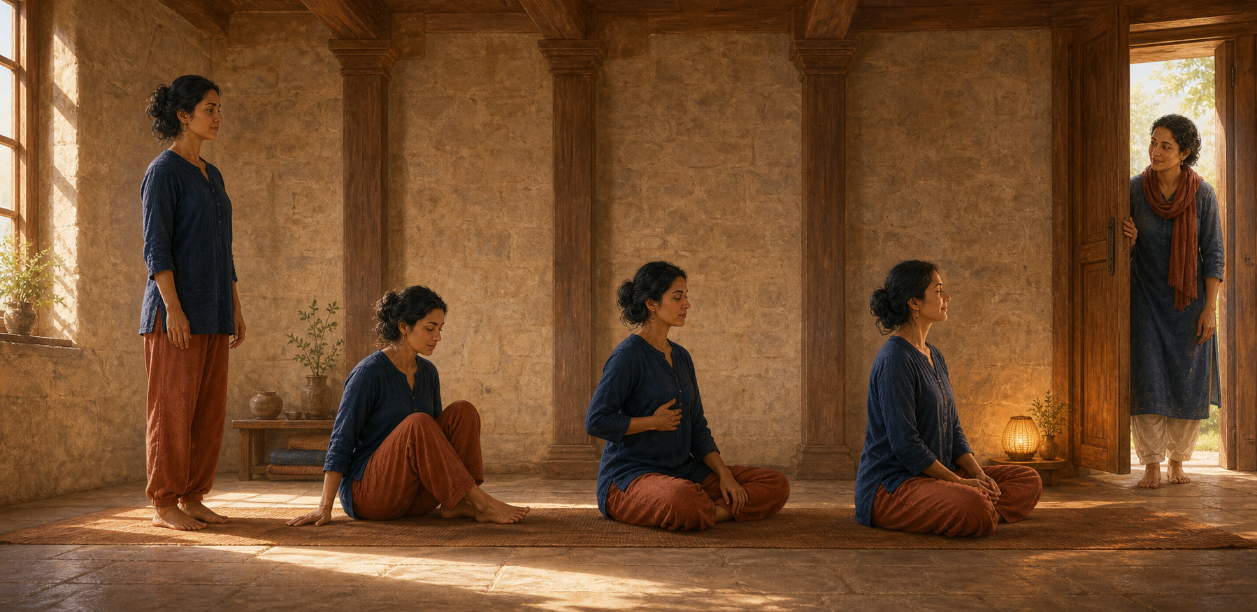 The same practitioner moves through standing, seated breathing, and meditation before calmly acknowledging another person at the doorway.