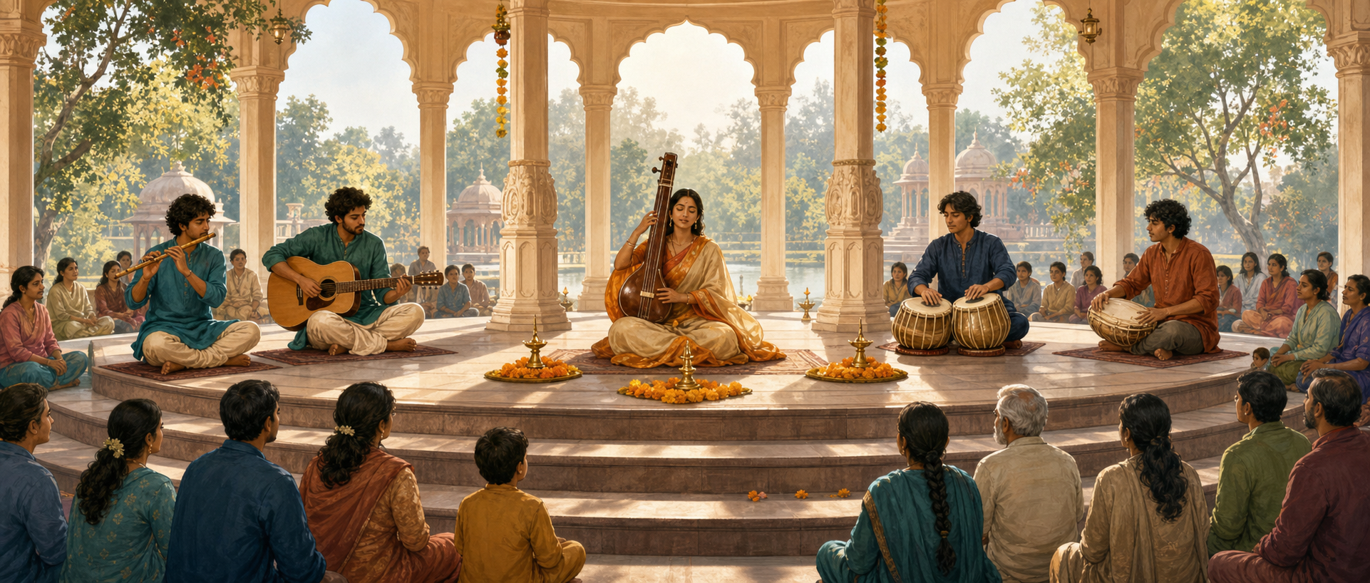 Devotional and non-devotional musicians share a public pavilion before a peacefully seated audience.