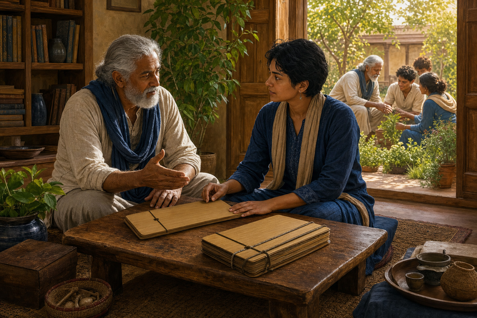 An elder and a student examine an unmarked palm-leaf manuscript while a background scene shows the elder helping people in a garden.