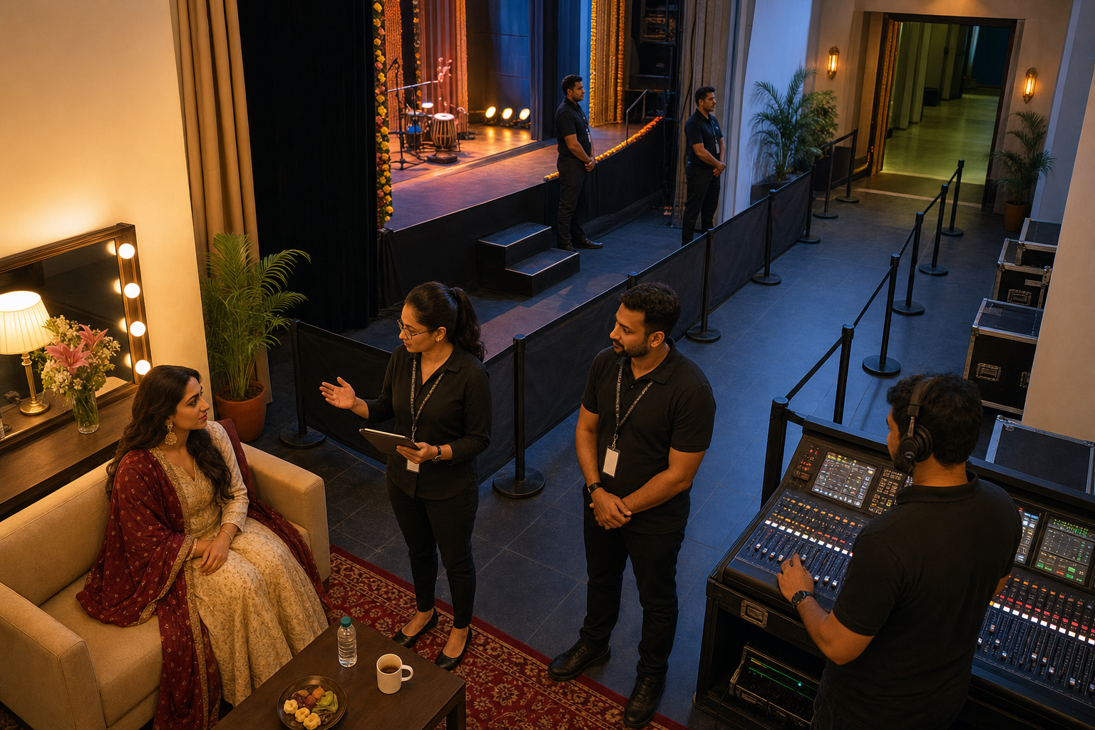 A singer and event staff stand backstage beside barriers, a guarded stage route, and a clearly open exit corridor.