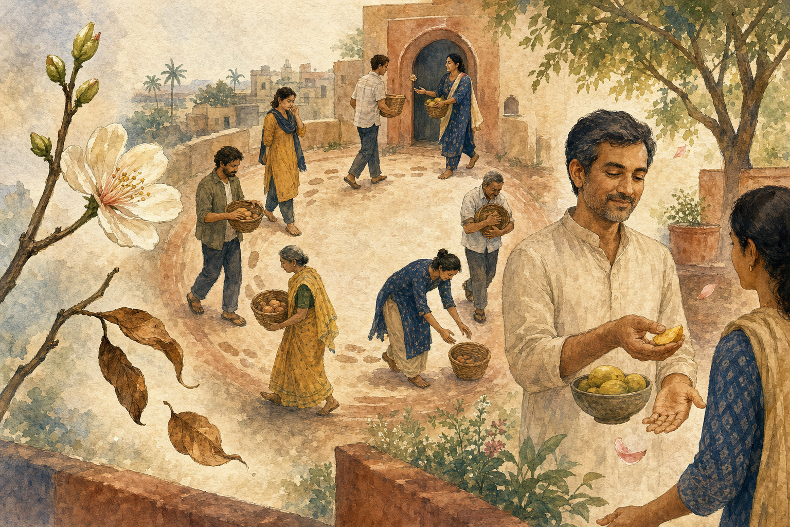 Three connected scenes show a branch changing through its life cycle, people moving in a recurring courtyard loop, and a person sharing fruit with an open hand.
