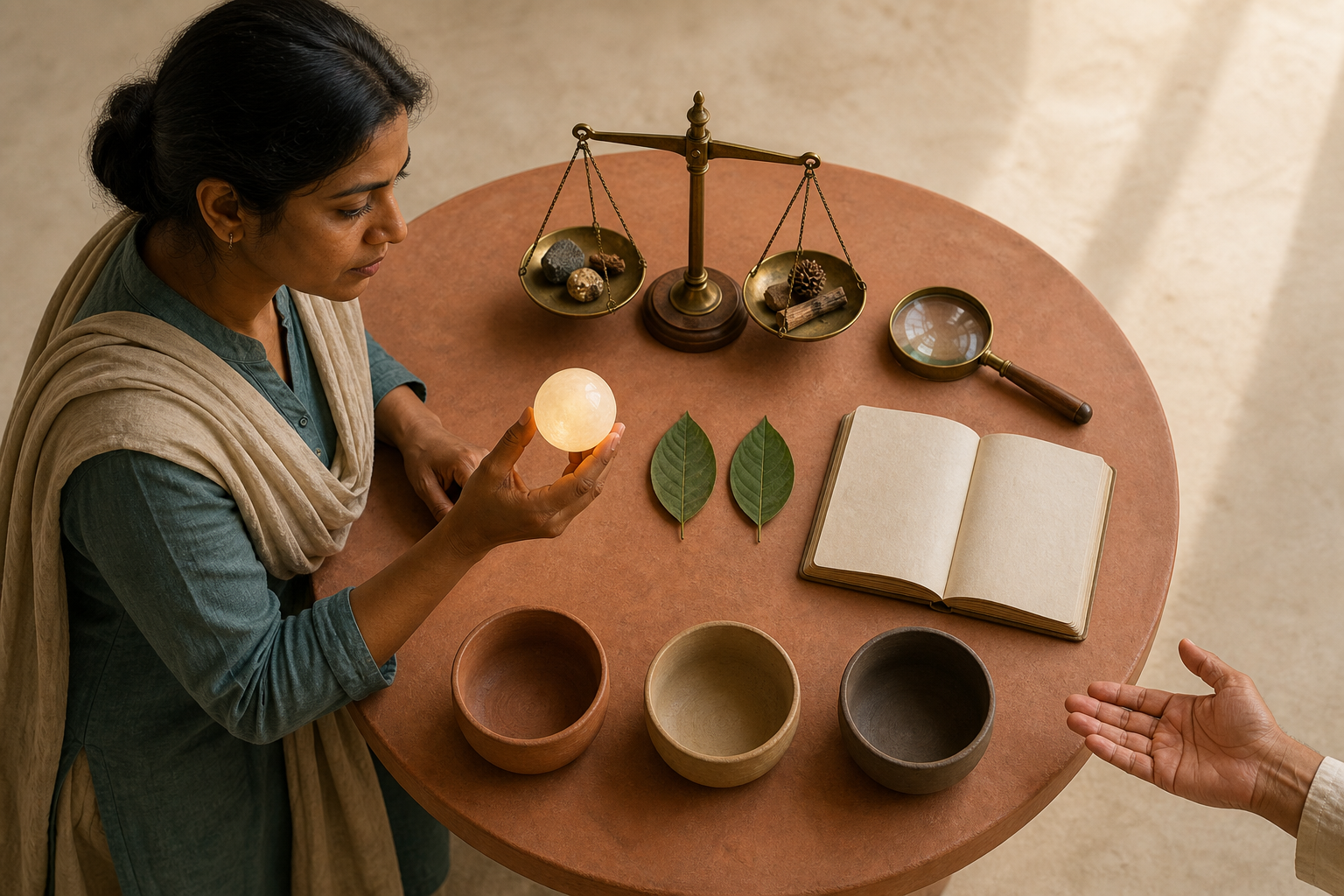 A person pauses with a glowing sphere over a table containing a lens, balance scale, paired leaves, manuscript, and three plain vessels.