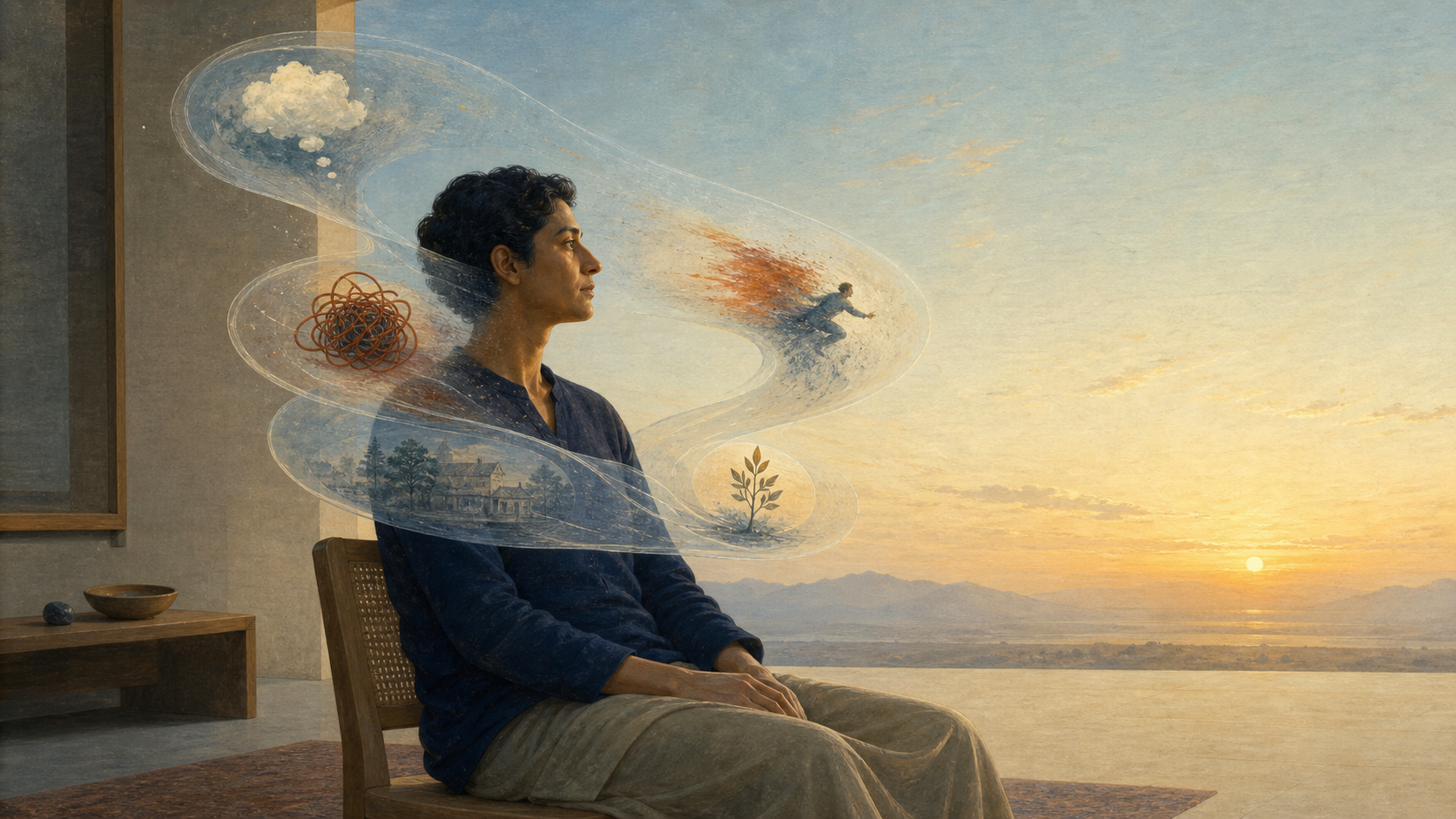 A seated person observes translucent images of a thought, bodily tension, memory and impulse moving through a larger field of still light.