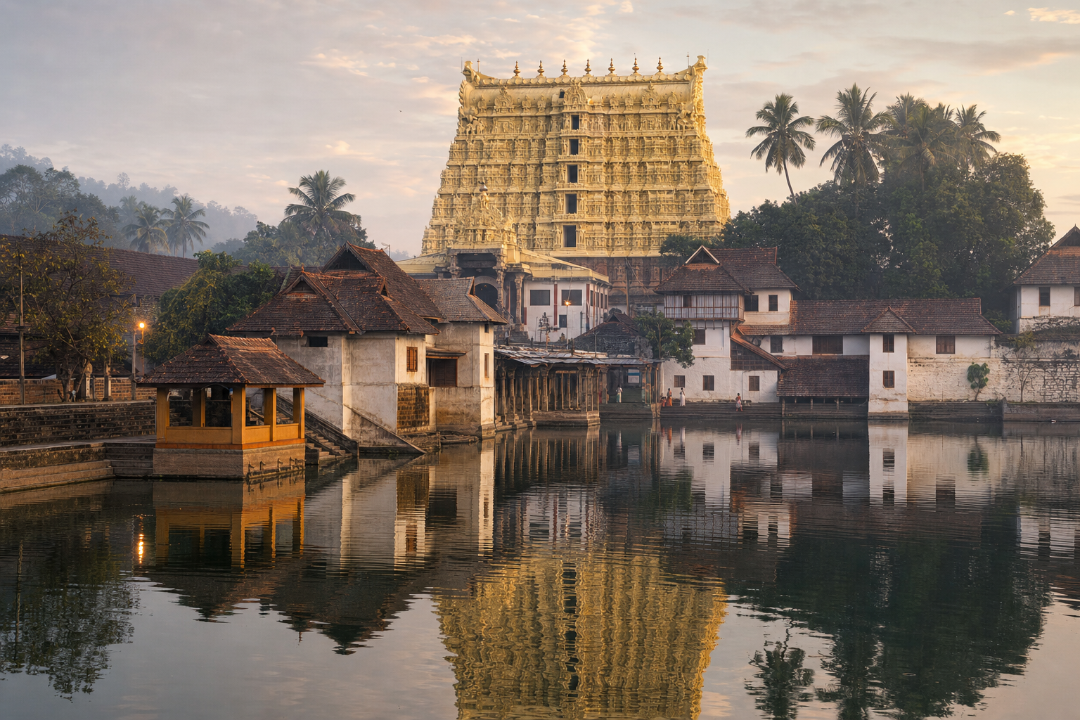 Padmanabhaswamy Temple's tall gopuram and Kerala-style roofs reflected in the Padma Theertham tank at dawn.