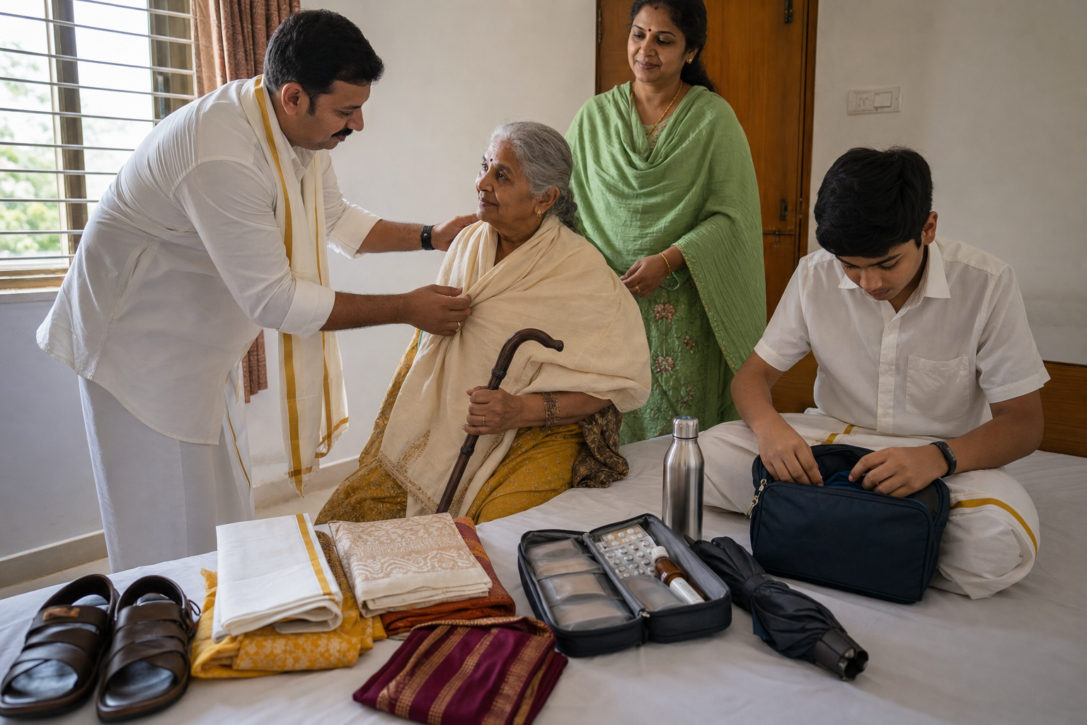 A family in a guest room prepares modest clothing, walking aids, water, medicine, and protected identity documents for the Tirumala pilgrimage.