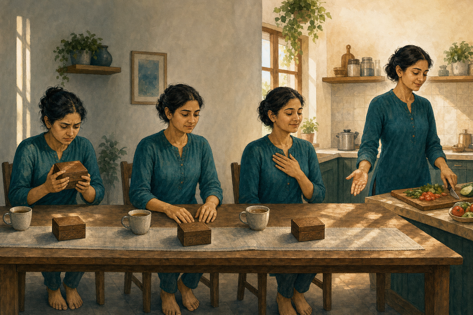 Four sequential views show a person loosening their grip on a keepsake box, grounding at a kitchen table, settling their posture, and returning to prepare a meal.