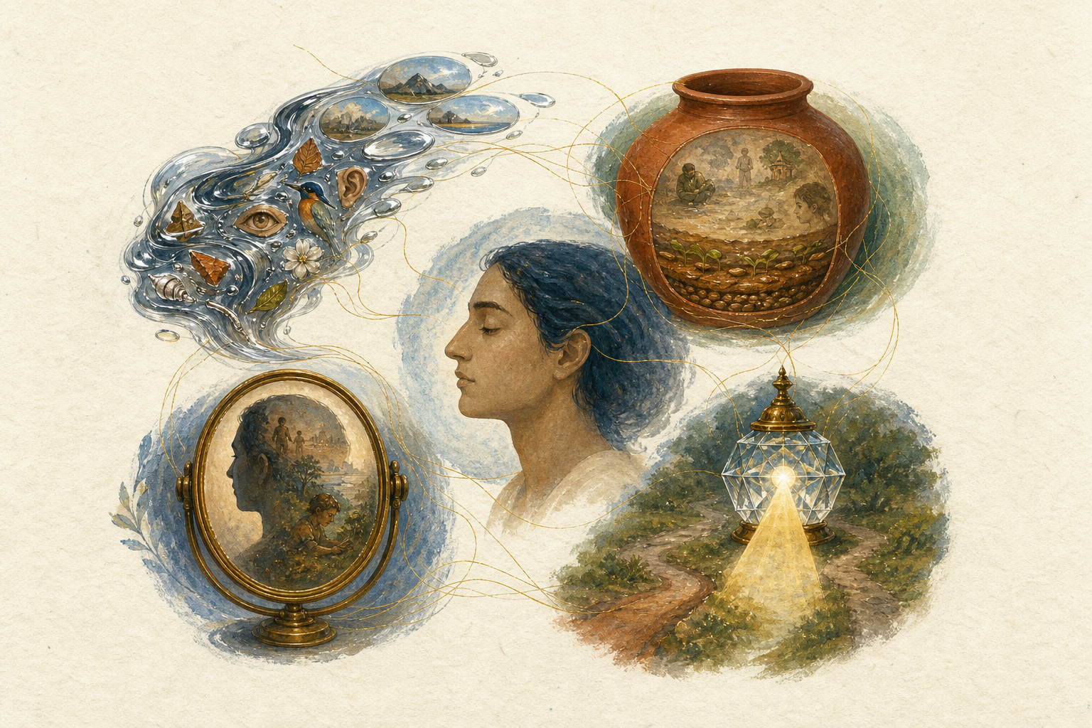 A central human profile is surrounded by a sensory stream, a vessel of remembered impressions, a lamp illuminating two routes and a mirror forming a self-image.