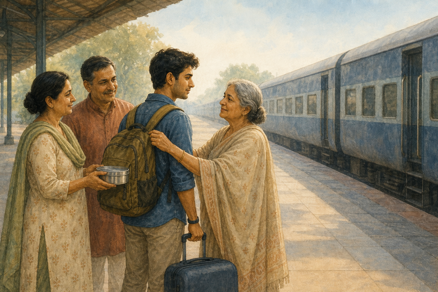 Family members adjust a young traveler's backpack and offer packed food beside a train while leaving the path forward open.