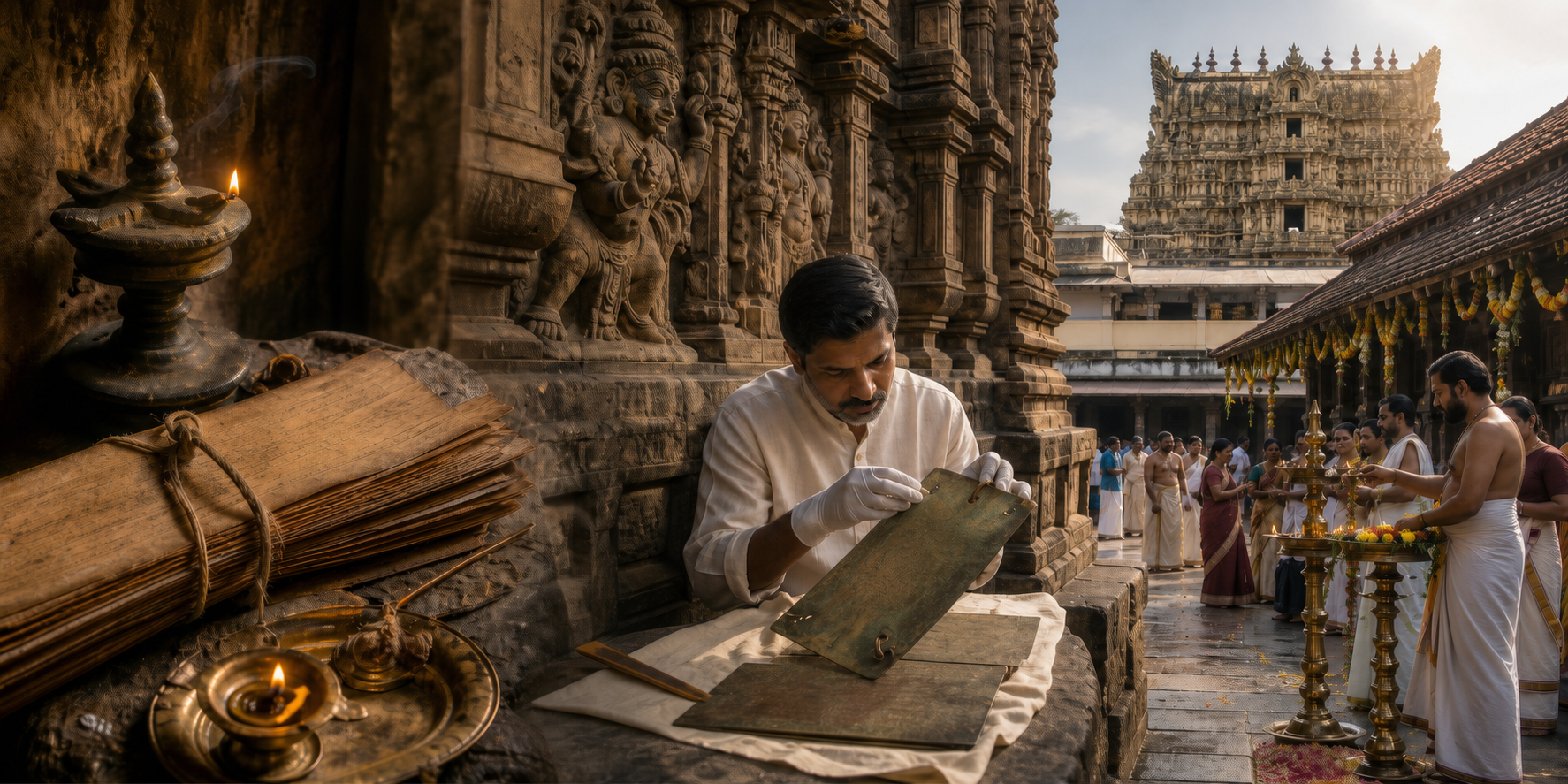 A palm-leaf manuscript, temple inscriptions, ritual lamps, and a living temple courtyard arranged as three connected layers of sacred memory, historical evidence, and worship.