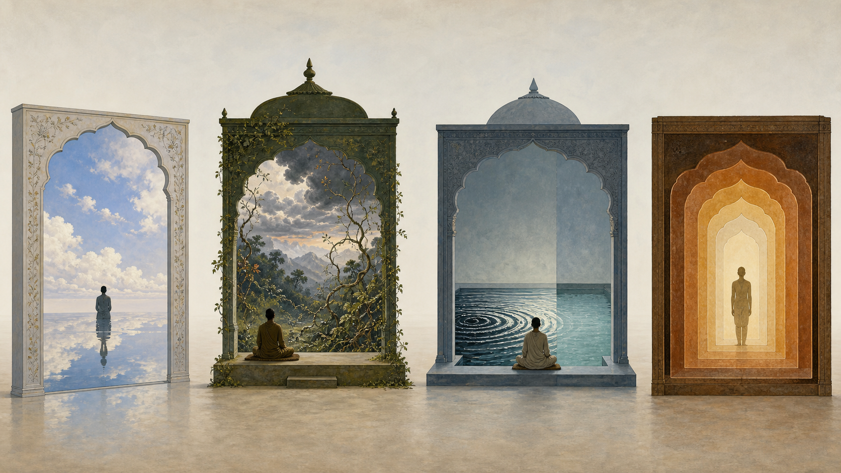 Four separate pavilions contain a seamless sky reflection, a still observer beside active nature, a meditator before settling water and a figure enclosed by five translucent layers.