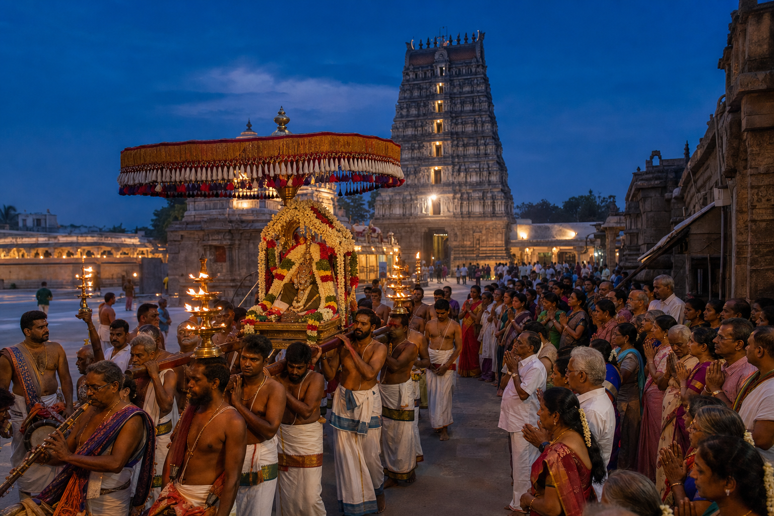 A lamp-lit temple procession crosses a South Indian temple courtyard as priests, musicians, and pilgrims gather beneath an illuminated gopuram at dusk.