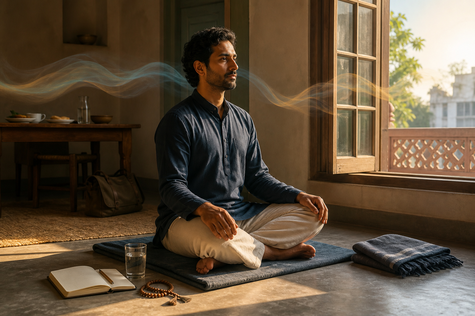 A person practices attentive sitting at sunrise beside an unmarked notebook, meditation beads, water and ordinary household items.