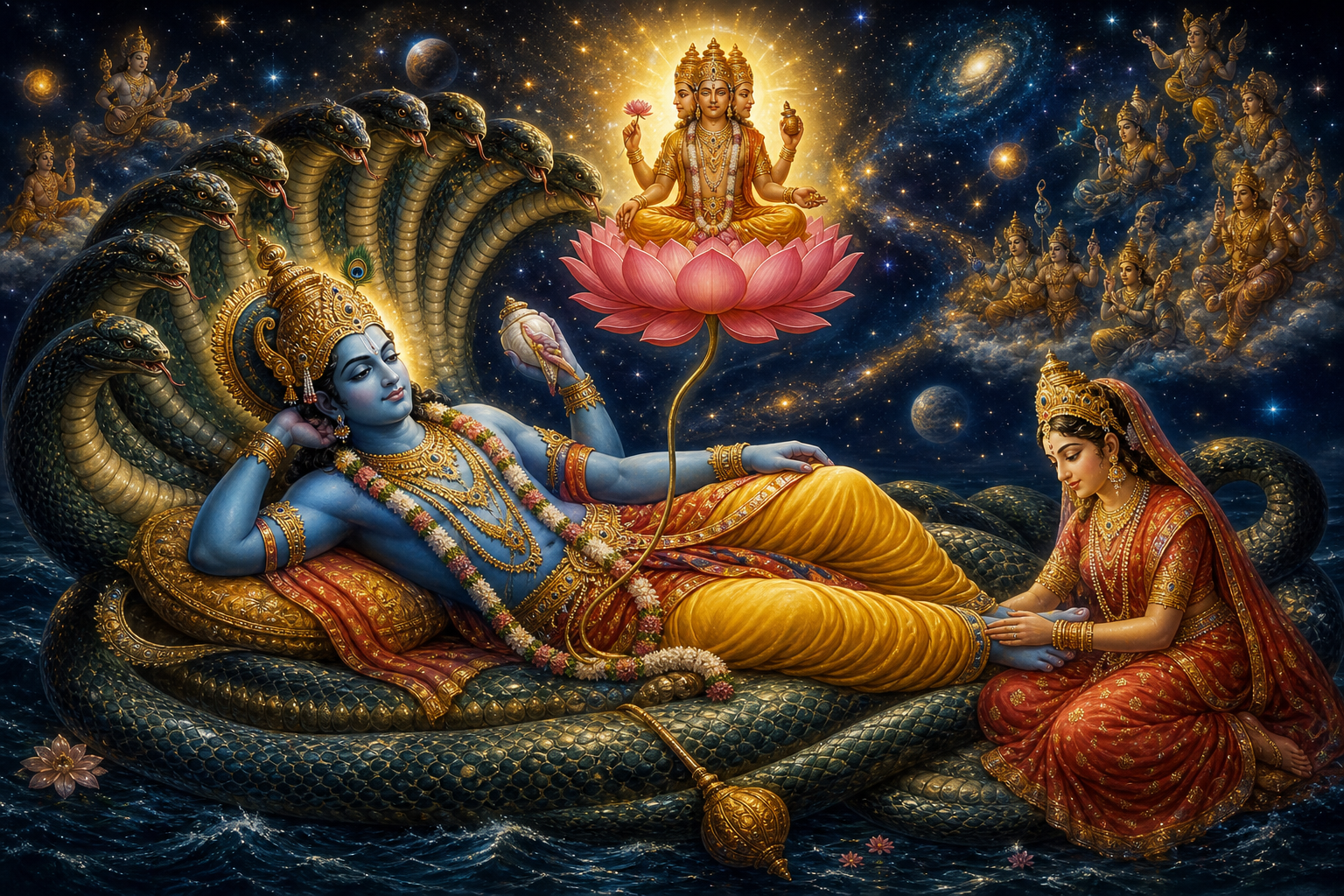 Vishnu reclines on the many-hooded serpent Ananta while Lakshmi sits near his feet and Brahma appears on a lotus rising from Vishnu's navel.