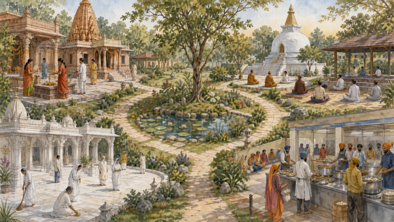 Four separate garden-connected spaces show Hindu flower and lamp offerings, Buddhist meditation, Jain contemplation, and Sikh volunteers serving a community meal.