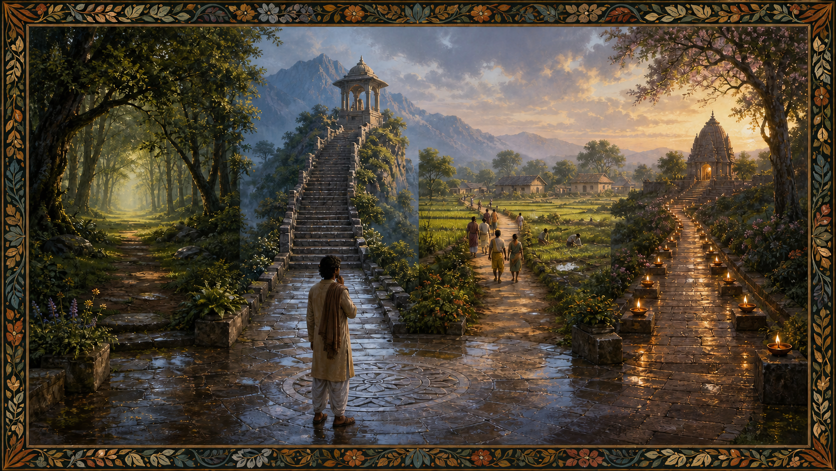 A traveler in a stone courtyard considers distinct paths leading to a forest clearing, stone steps, a working village and a lamp-lit sanctuary.