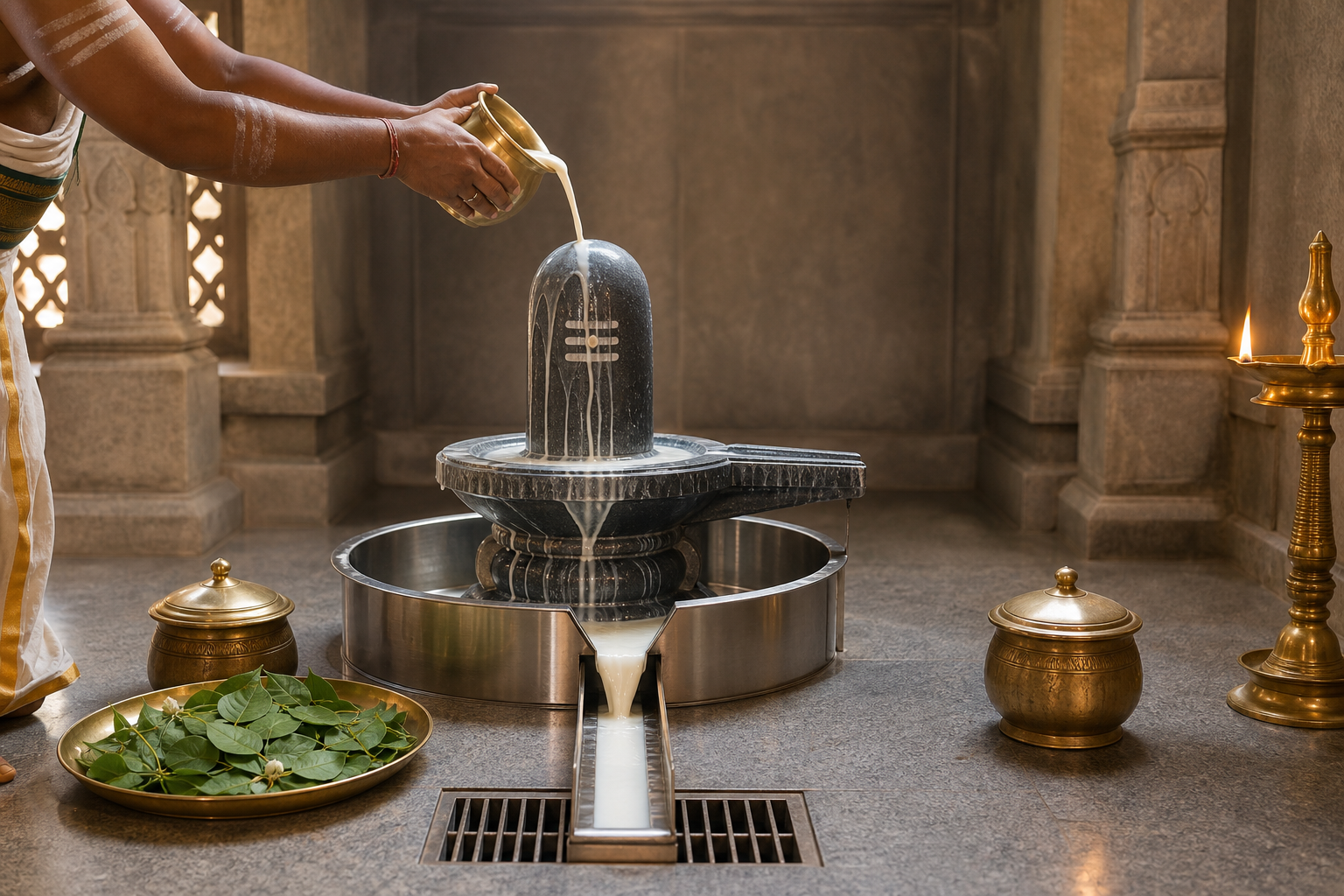 A controlled stream of milk is poured over a stone Shiva Lingam into a clean stainless-steel collection basin in a temple sanctum.