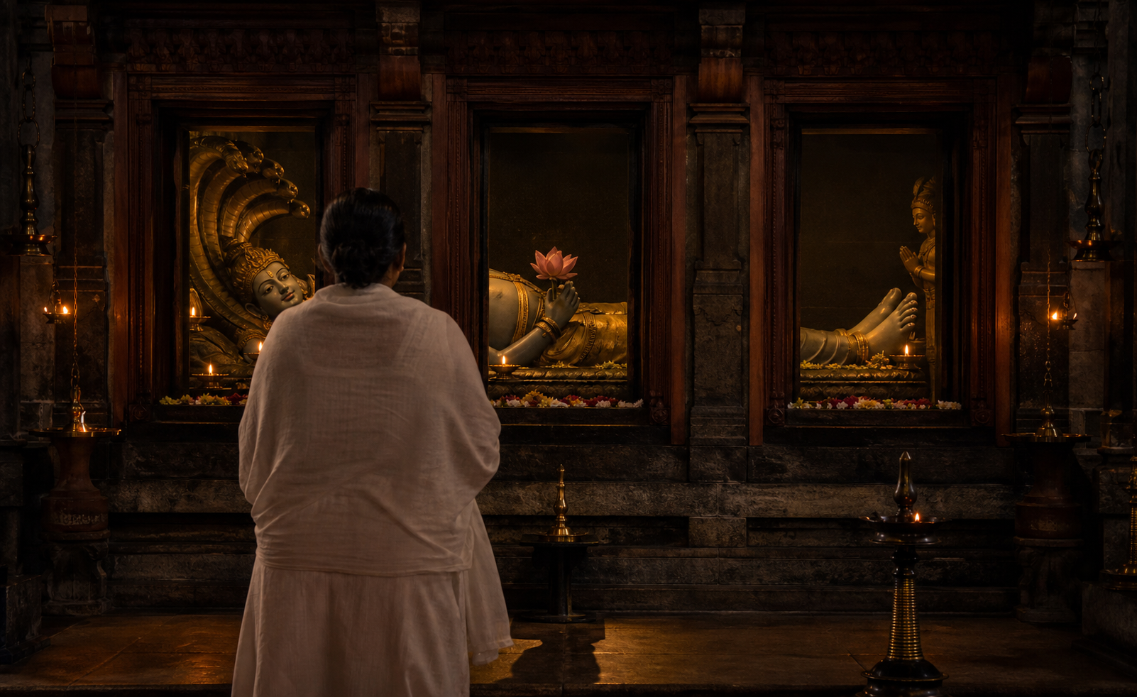 A pilgrim views portions of reclining Vishnu through three sanctum doorways illuminated by brass oil lamps.