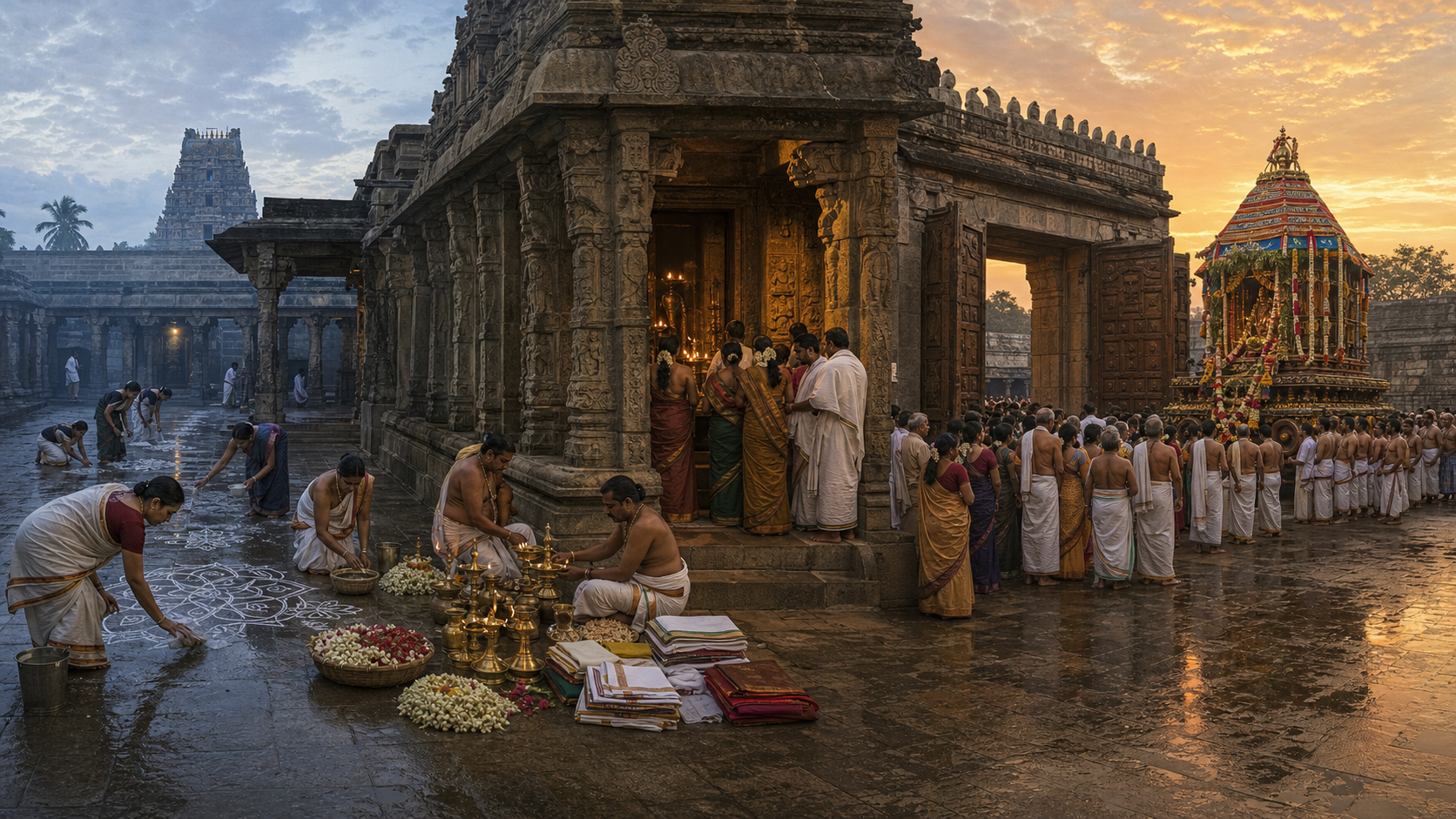 A continuous temple scene moves from courtyard purification and ritual preparation at dawn to worship, revelation, and an evening procession.